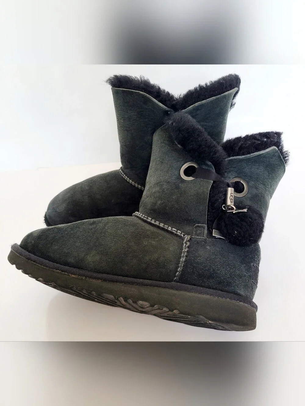 UGG Irina Star Charm Suede Shearling Ankle Boots - Pom Pom Black US 4